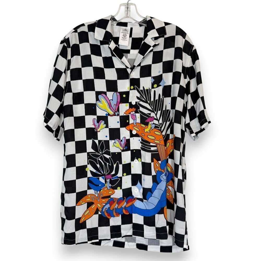 Disney Shirt Alice in Wonderland Button Down Checkered Black White Small